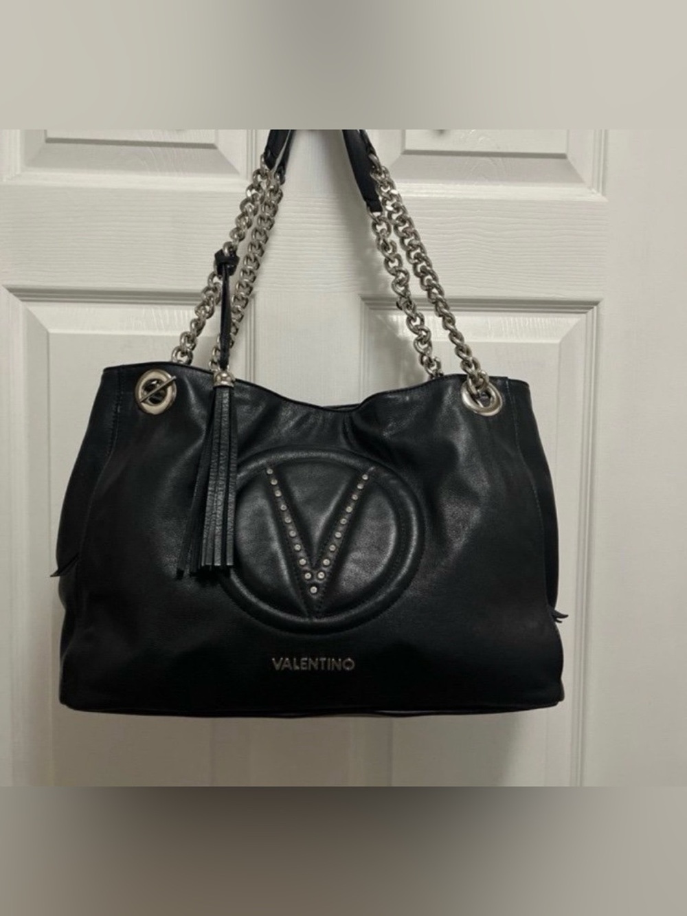 Valentino Black Leather Luisa Shoulder Bag with Silver Chains